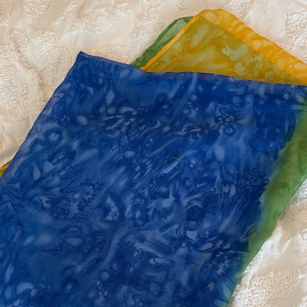 Blue Tie-Dye Sheer Scarf with Green and Yellow Border
